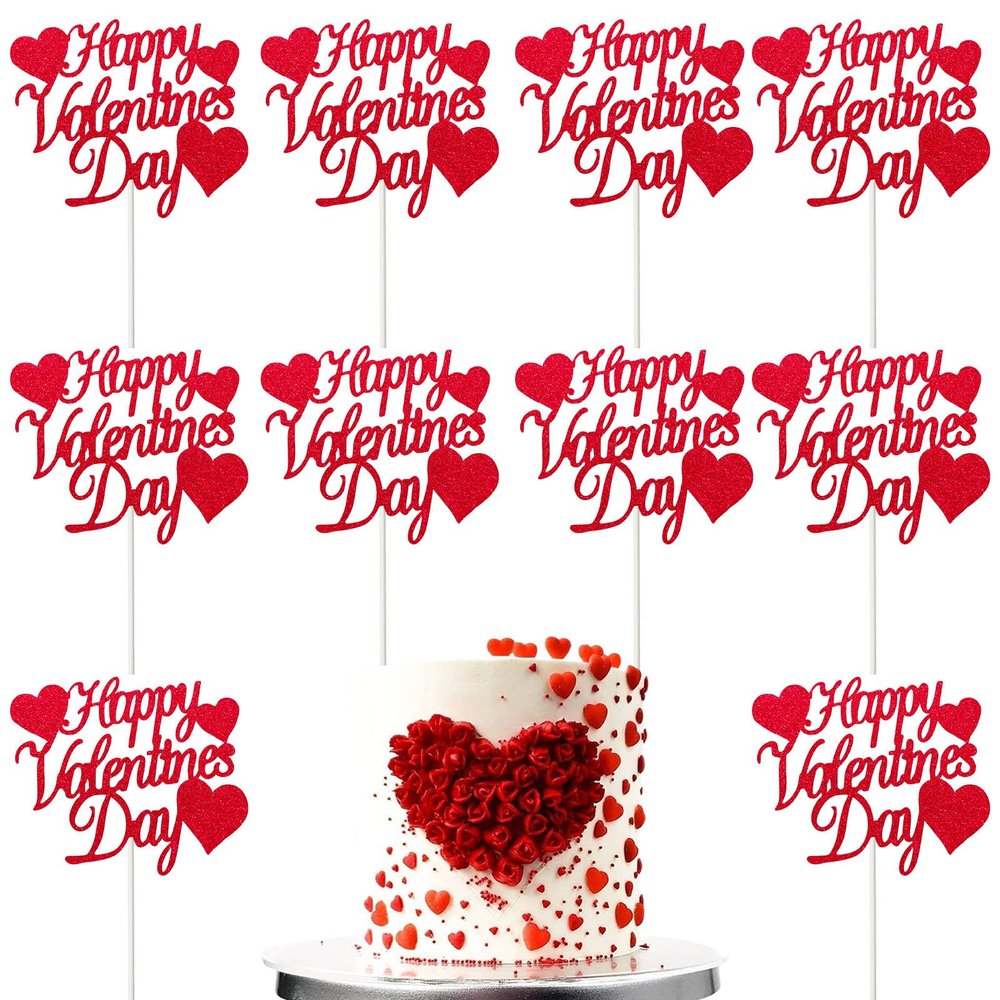 10Pcs Valentine's Day Cake Toppers Heart Cake Topper Red Glitter Valentines Cake Topper Love Cake Decorative Party Cake Decoration for Valentine's Day Birthday Gift