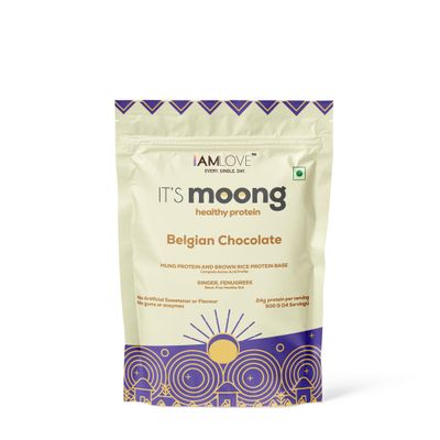 I AM LOVE Its Moong Healthy Protein for Women & Men, Vegan Protein Powder with Moong & Brown Rice Isolate, 24 gm of Protein, Easy to Digest & Gluten Free, Belgian Chocolate Flavour (500g)