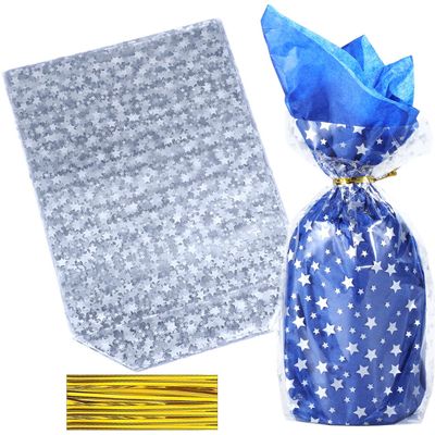 ZIMCEMS 50Pcs 12X16 inch Bottom Gusset Bags Silver Star Printed Clear Cellophane Gift Wrap Bags Basket Wrapping Large Cello Bags for Treats Mug with 5" Twist Ties