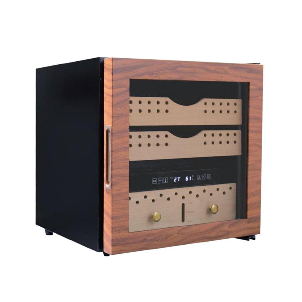 27L Cigar Humidor Cabinet Electric Cooling And Humidity Control 260 Capacity Cigar Humidor Cedar Fridge with 3 Layer Spanish Cedar Wood Shelves And Drawer,Wood Grain Color