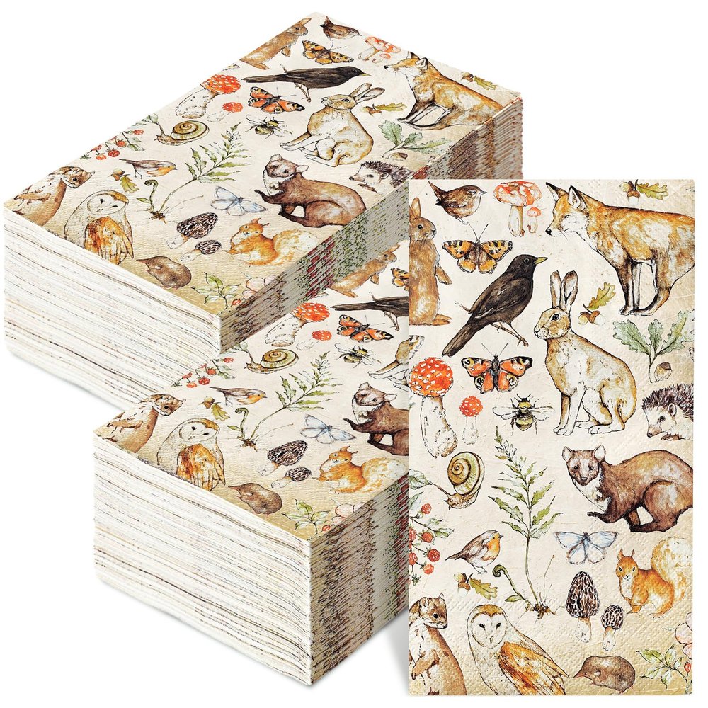 100Pcs Vintage Animal Paper Guest Napkins Rabbit Mushroom Butterfly Bathroom Napkins Retro Disposable Hand Towel Napkin for Home Holiday Party Supplies