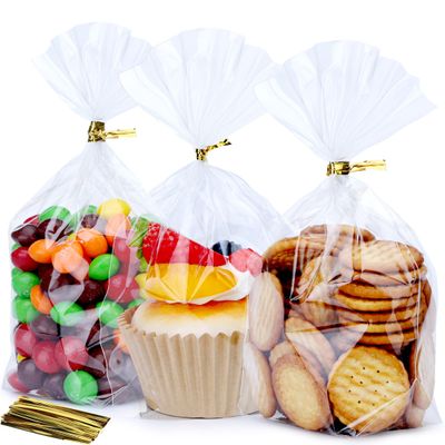ZIMCEMS 100Pcs 5X7 inch Bottom Gusset Bags Clear Cellophane Gift Bags Plastic Gift Wrap Cello Bags for Party Favor Treats, Goodie,Bakery Cookie, Candy with 5" Twist Ties