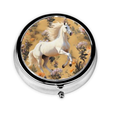 Flowers and Horses Print Round Pill Box 3 Compartment Portable Mini Pill Case Metal Pill Organizer Pill Container for Pocket Purse Office Travel