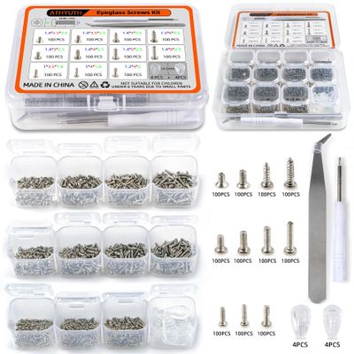 1100Pcs (11 Sizes) Micro Screw Kit Eyeglass Sunglass Repair Kit with Magnetic Phillips Screwdriver and Tweezers for Repairing Spectacles(Come with Nose Pads), Watches, Jewelry and Cell Phones