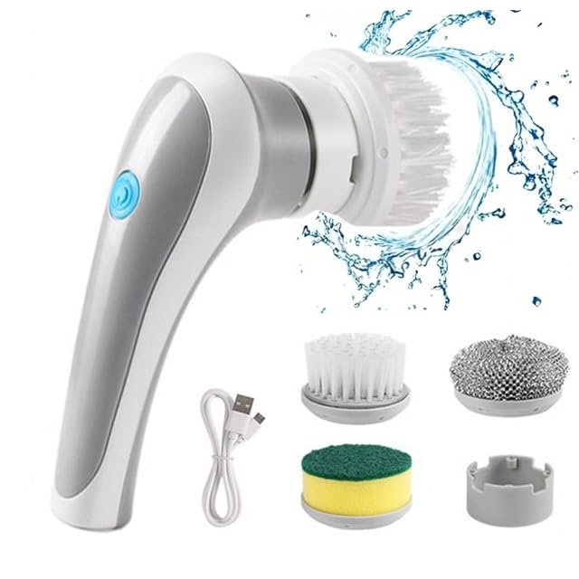 Cordless Handheld Rechargeable Electric Rotary Scrubber with 3 Replaceable Brush Heads, Suitable for Cleaning Tableware/Bathroom/Floor/Sink/Window