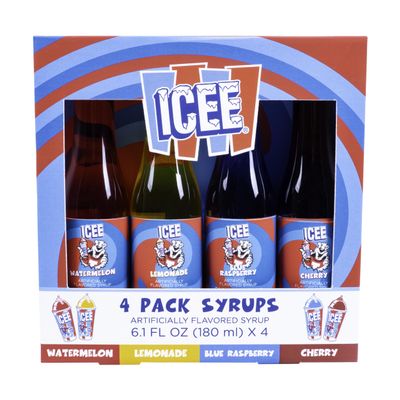 ICEE 4 Pack Slushie Syrups. Genuine ICEE Shaved Ice Snow Cone Syrup including Watermelon, Lemonade, Blue Raspberry & Cherry Flavors. 4 x 6.1floz. Perfect For Snow Cones, Slushies, Sodas & Ice Pops.