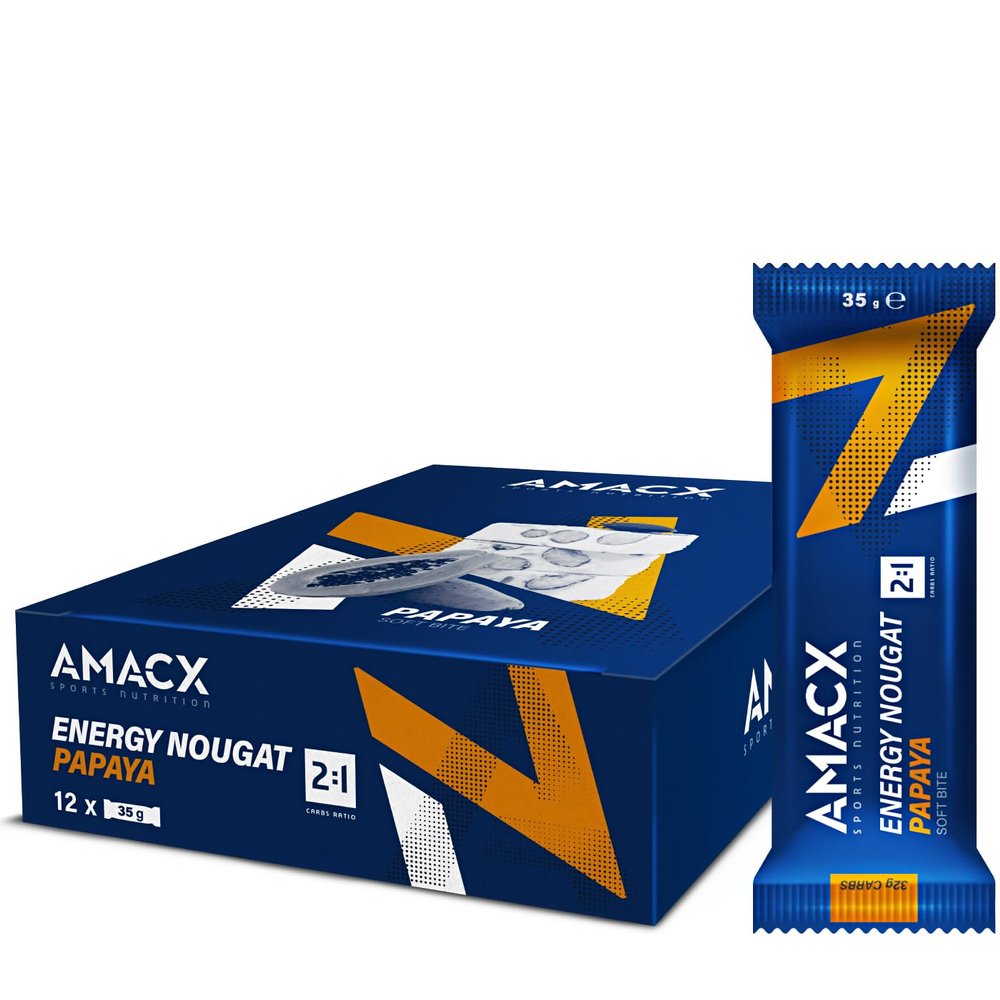 AMACX Energy Nougat Bar for Endurance Athletes 12 x 37g Healthy Snacks Fruit and Nut Bars Sports Nutrition Power Bars 2:1 Carbohydrates (32g) Dairy- and Gluten-Free Snack Bars Papaya