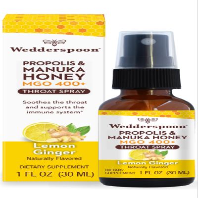 Wedderspoon Propolis and Manuka Honey Throat Spray, Lemon & Ginger, 1 Fl Oz (Pack of 1), Sore Throat Relief, Natural Immune Support