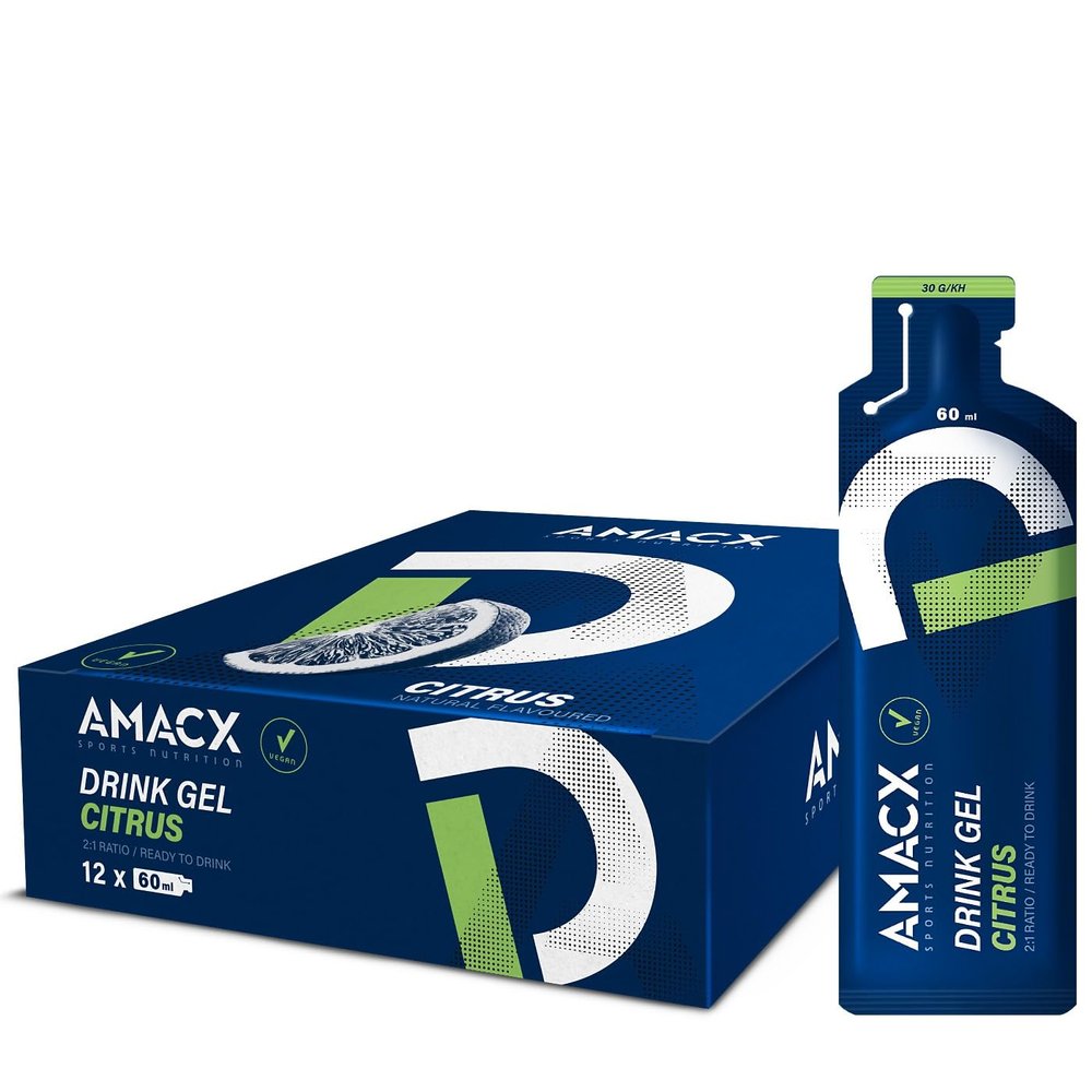 Amacx Energy Gel with Electrolytes for Intensive Training 12 x 60ml Vegan Carb Gel, Gluten Free Sports Nutrition Running Gels for Marathon, Cycling & Endurance Training Citrus