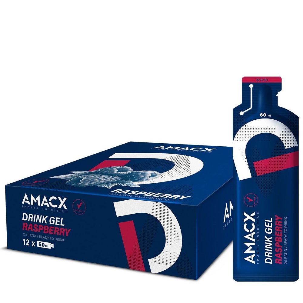 Amacx Energy Gel with Electrolytes for Intensive Training 12 x 60ml Vegan Carb Gel, Gluten Free Sports Nutrition Running Gels for Marathon, Cycling & Endurance Training Raspberry