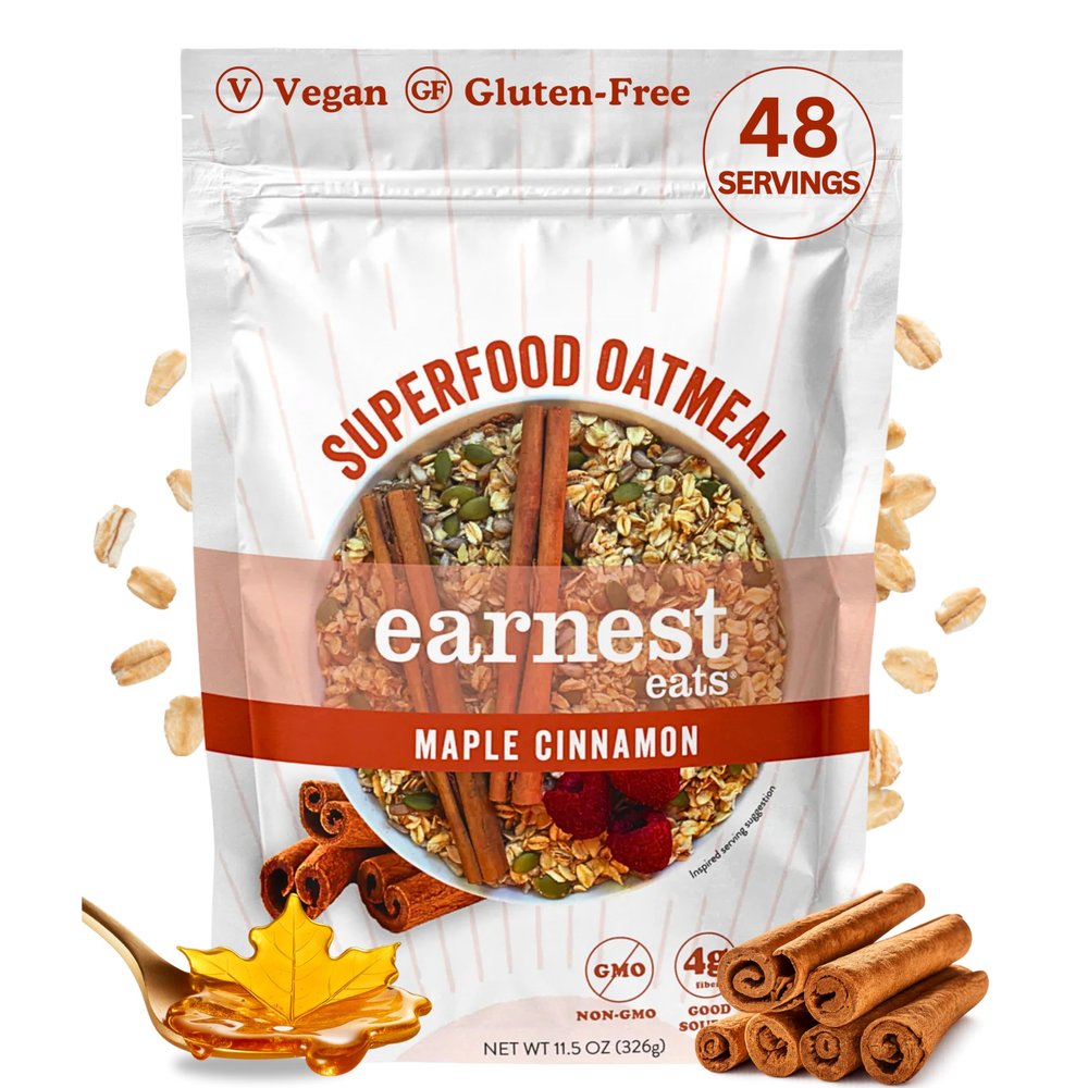 Earnest Eats Superfood Oatmeal  Maple Almond Cinnamon  Vegan, Gluten-Free, 6g Plant Protein, 4g Fiber, No Added Sugar, 48 Servings Total (6 Pack)