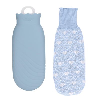 550ml Hot Water Bag Hot Water Bottle Silicone Water Bottle with Cover Knitted Silicone Plush Cute Cartoon Explosion Proof Leakproof for Family Life (Blue)