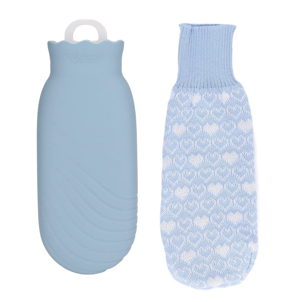 550ml Hot Water Bag Hot Water Bottle Silicone Water Bottle with Cover Knitted Silicone Plush Cute Cartoon Explosion Proof Leakproof for Family Life (Blue)