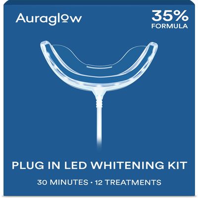 Auraglow Plug-in LED Teeth Whitening Kit Wired Light Device 35% Carbamide Peroxide Gel 12 Treatments at-Home Tooth Whitening System Enamel-Safe at-Home Whitening for Coffee & Tea Stains