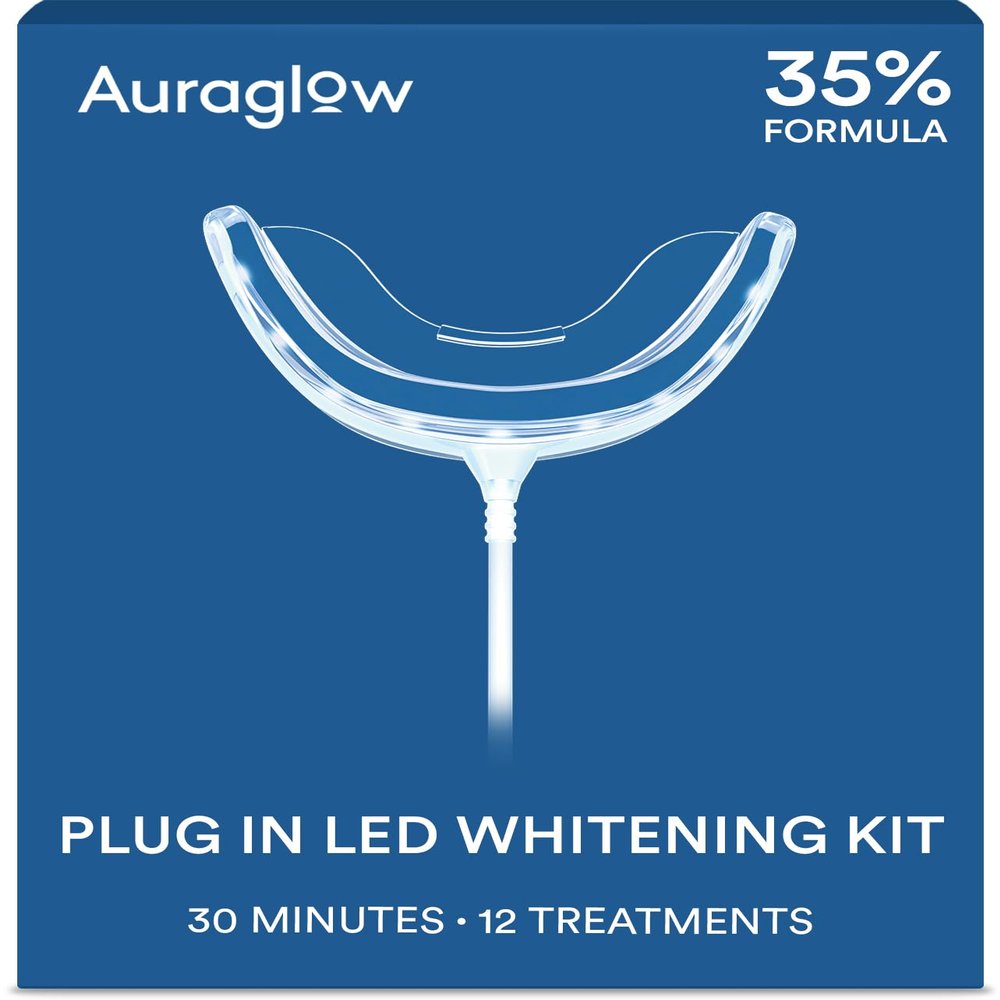 Auraglow Plug-in LED Teeth Whitening Kit Wired Light Device 35% Carbamide Peroxide Gel 12 Treatments at-Home Tooth Whitening System Enamel-Safe at-Home Whitening for Coffee & Tea Stains