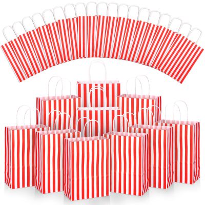 Skyygemm 32 Pcs Paper Gift Bags Bulk with Handle, 6.3 x 3.2 x 8.6 Inch Assorted Colors Kraft Goodie Candy Treat Gift Wrap Bags for Carnival Valentine Birthday Party Favor(Red and White)