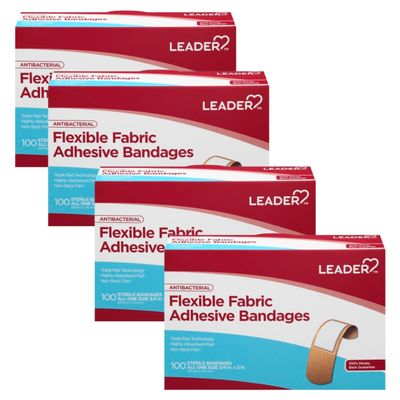 LEADER Antibacterial Flexible Fabric Adhesive Bandages, First Aid Antiseptic, Triple Pad Technology, First Aid and Wound Care, Compare to Band-Aid, All One Size 3/4" x 3", 100 ct - 4 Pack