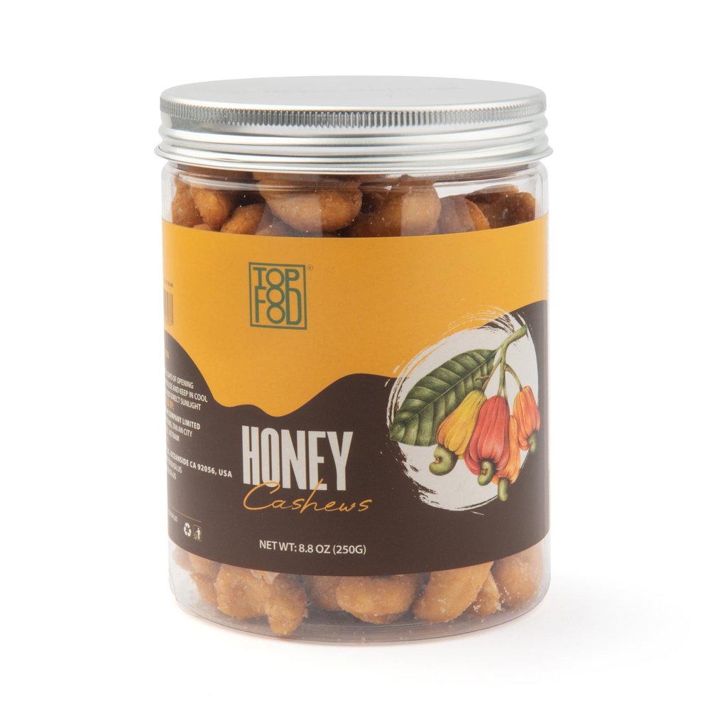 TopFood Premium Roasted Cashews, Honey Coated  Whole, Vegan, Healthy Snack, Plant-Based Protein (8.8 Oz Canister)