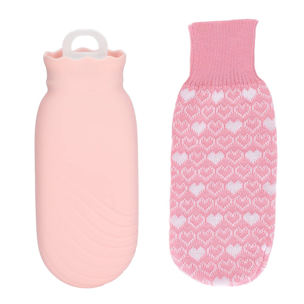 550ml Hot Water Bag Hot Water Bottle Silicone Water Bottle with Cover Knitted Silicone Plush Cute Cartoon Explosion Proof Leakproof for Family Life (Pink)