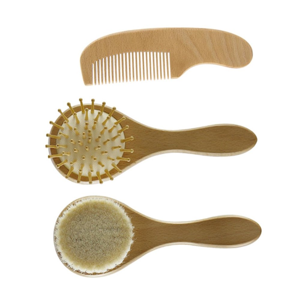 Beatifufu 3pcs Wooden Hair Brush Comb Set for Newborns Natural Wool Brush Set Comb for Cap Care