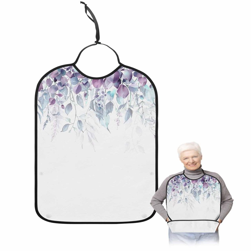 Eucalyptus Plant Adult Bib for Adults Men, Women, Washable & Adjustable Terry Cloth Bib with Crumb Catcher Reusable Waterproof Clothing Clothes Protector Apron Gradient Purple Botanical Leaves