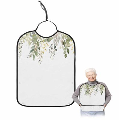 Eucalyptus Adult Bib for Adults Men, Women, Washable & Adjustable Terry Cloth Bib with Crumb Catcher Reusable Waterproof Clothing Clothes Protector Apron Watercolor Green Plant Sweeping Leaves White