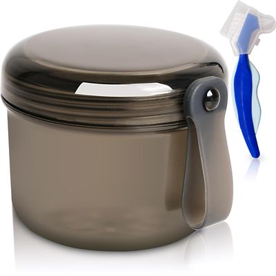 Mckkor Denture Bath Case Box, Leak Proof Denture Cups for Soaking Full & Partial Dentures, Retainers,Dishwasher safe,with Hard Denture Brush & Denture Toothbrush Cover (Transparent Black)