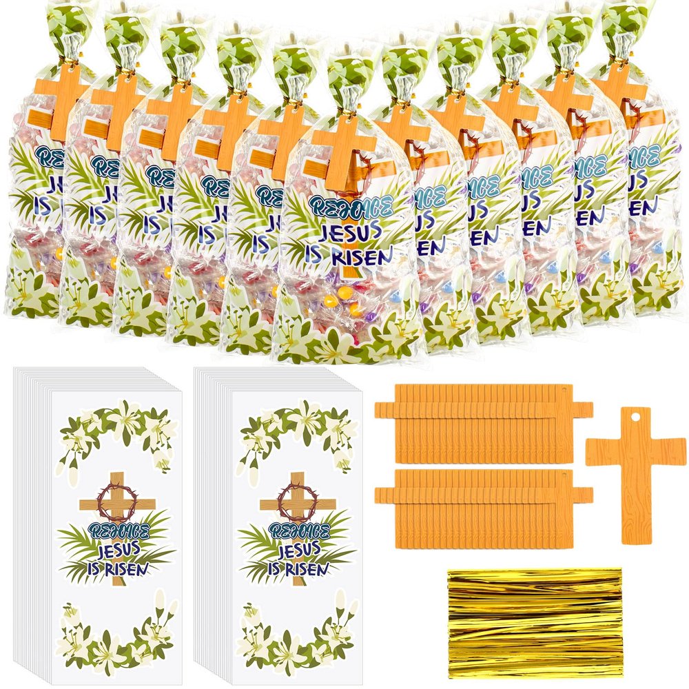 Gueevin 150 Set Religious Cellophane Treat Bags Bulk Goodie Candy Cookie Cello Bags with Twist Ties Gift Cards Party Favors for Party Supplies