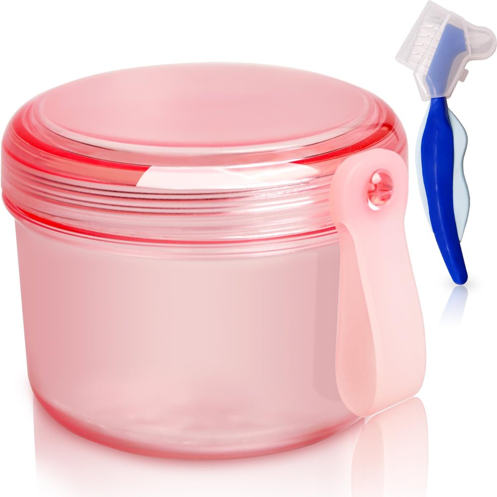 Mckkor Leak Proof Denture Cups Bath, Dishwasher safe, Denture Case for Soaking Full & Partial Dentures, Retainers, with Hard Denture Cleaner Brush & Denture Brush Cover (Transparent Rouge)
