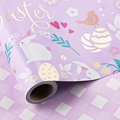 LeZakaa Easter Purple Wrapping Paper Roll, Bunny, Eggs, Happy Easter with Metallic Design & Checkered Pattern, for Spring Reversible Gift Wrap, DIY Crafts, Mini Roll, 17 inches x 32.8 Feet