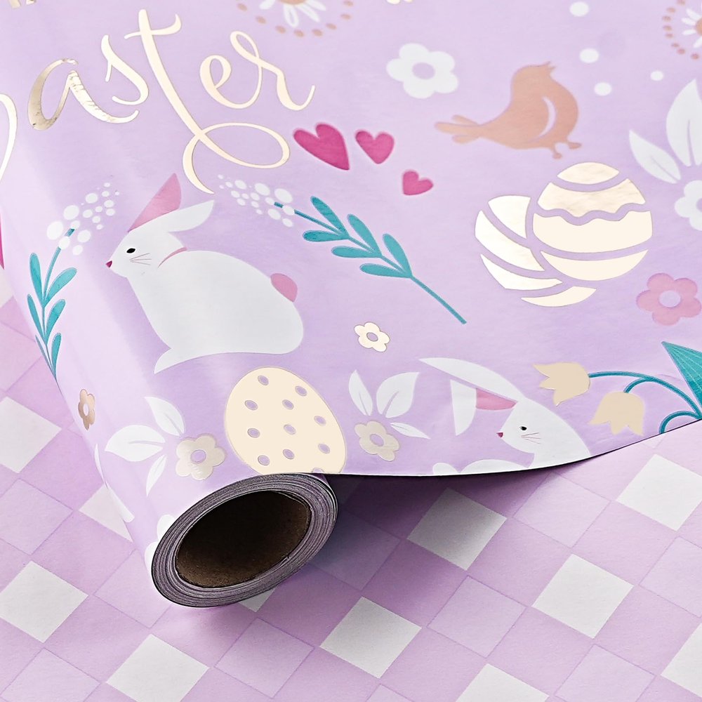 LeZakaa Easter Purple Wrapping Paper Roll, Bunny, Eggs, Happy Easter with Metallic Design & Checkered Pattern, for Spring Reversible Gift Wrap, DIY Crafts, Mini Roll, 17 inches x 32.8 Feet