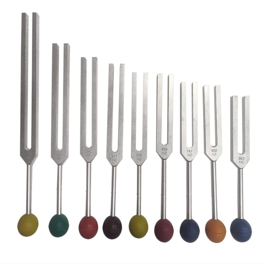 KASHSURG Solfeggio Tuning Fork Set - 9 Tuning Forks Perfect for DNA Healing w Chakra Color Rubber Balls and Wood Hammer Mallet, Sound Therapy,(174 Hz, 285 Hz, 396 Hz, 417 Hz, 528 Hz, 639 Hz etc) set 9