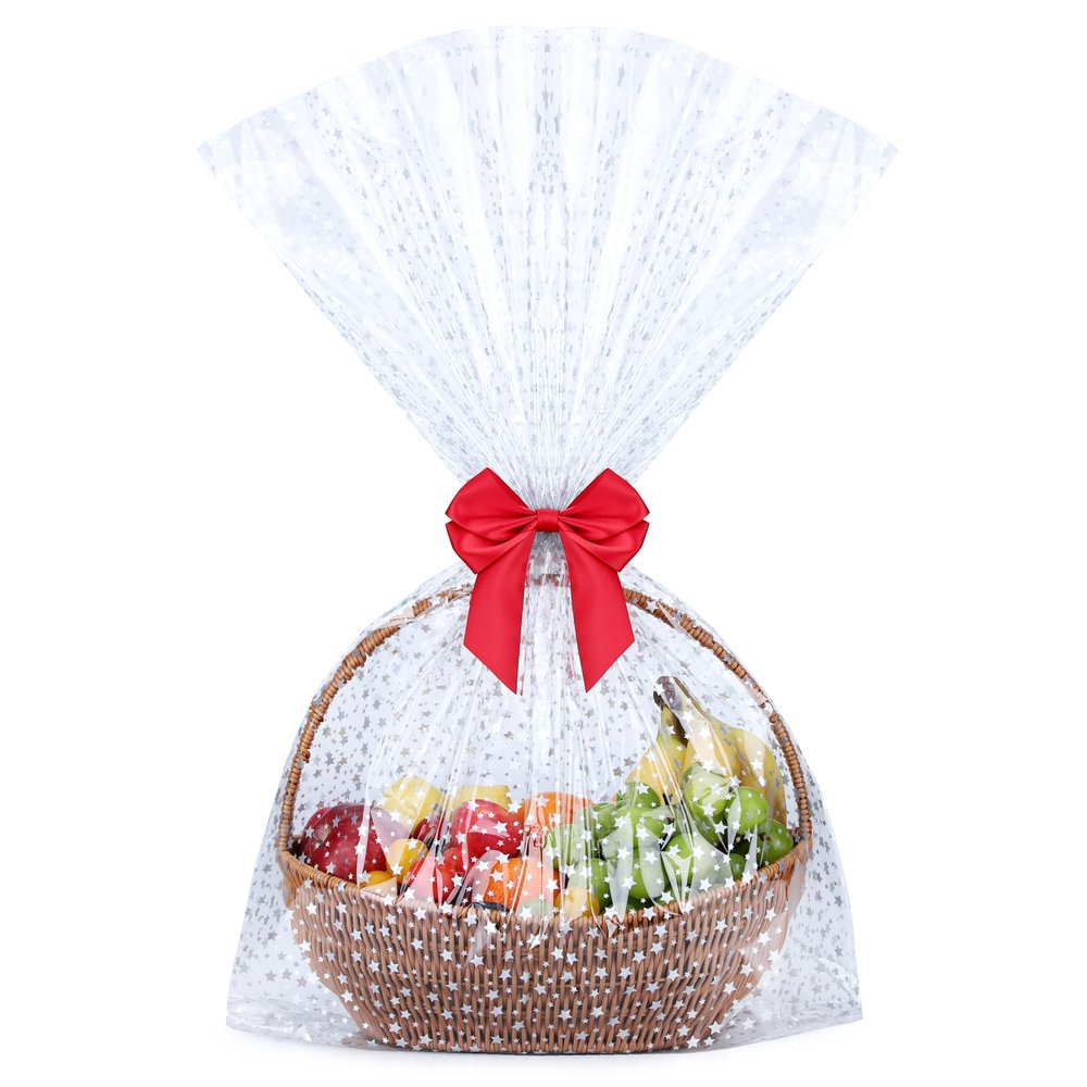 Voikinfo Large Gift Wrap Cello Bags 12Pcs 20X30 Silver Star Clear Cellophane Bags Basket Wrapping Treat Bags Party Favor Packaging with Gold Twist Tie