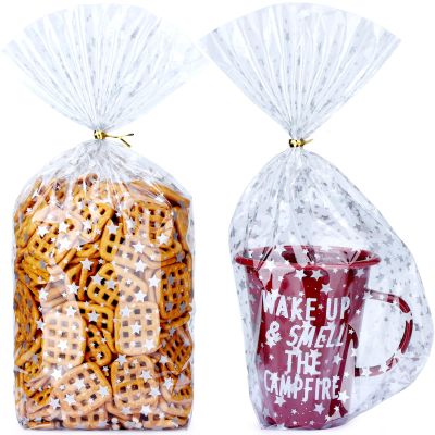 Voikinfo Bottom Gusset Bags 50Pcs 7X12 Silver Star Clear Cellophane Bags Plastic Gift Bags Cello Bags Treat Bags Bulk Party Favor Goodie Cookie with Gold Twist Tie