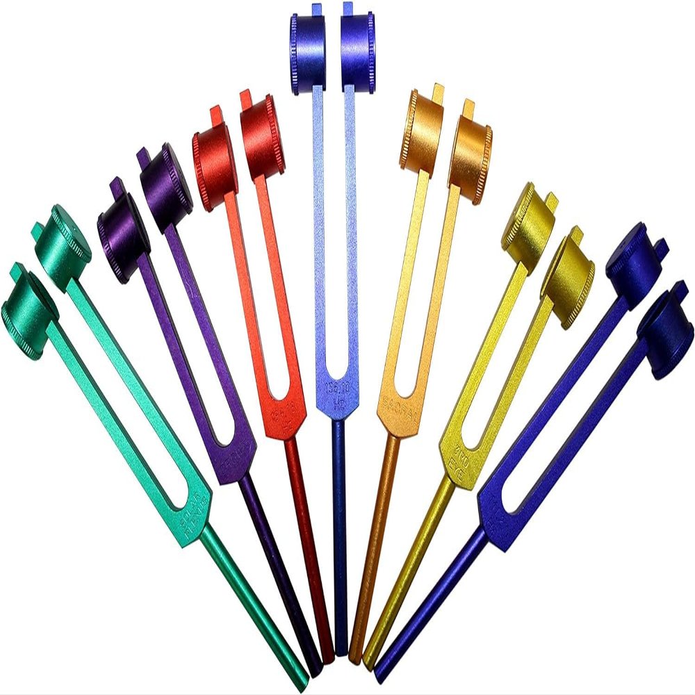 KASHSURG 8 Chakra & Soul Purpose Cosmic Colored Weighted Healing Tuning with Long Handles Activator & Pouch Pack 8