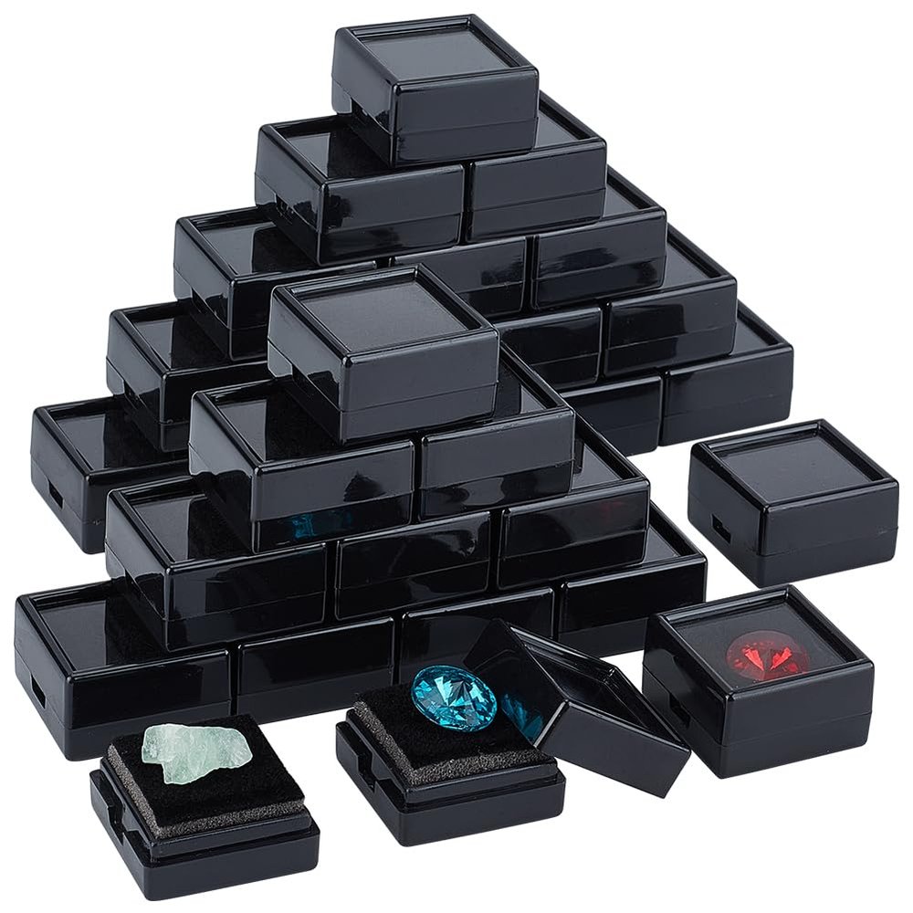 BENECREAT 72 Pack Gemstone Display Box Plastic Diamond Display Case Black Jewelry Box with Clear Lids, Sponge for Treat, Gems, Diamond, Gift Packing, 1.2x1.2x0.6