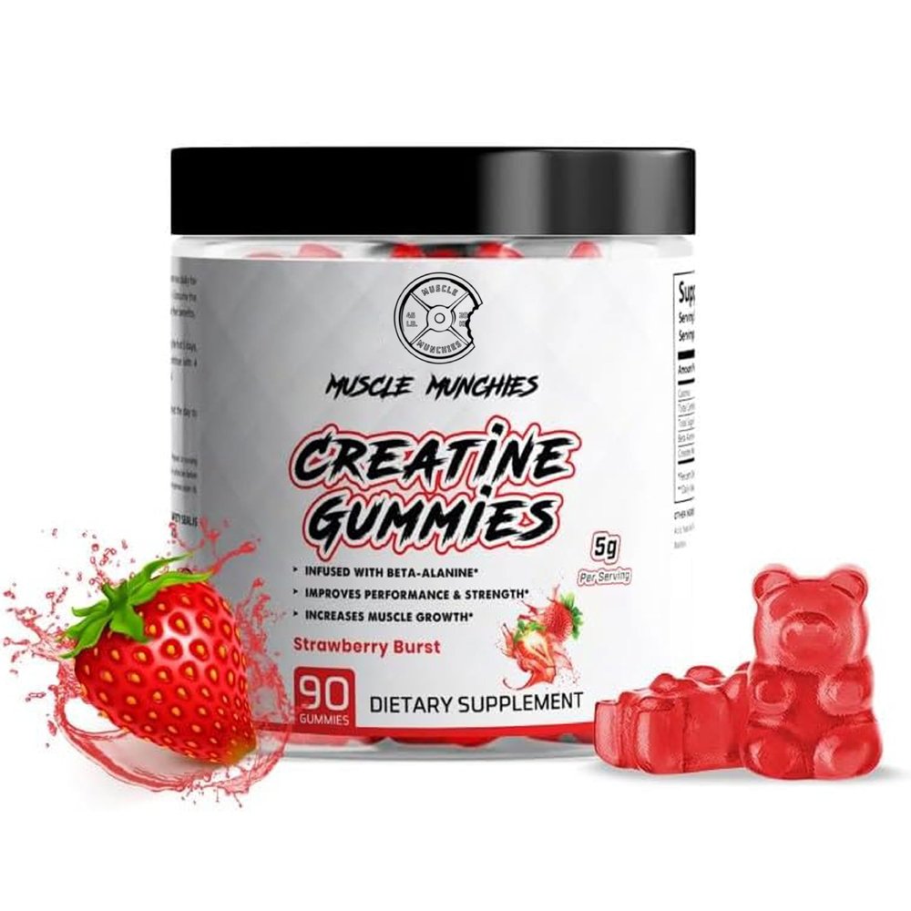 Muscle Munchies Creatine Chewable Gummies for Men & Women-Infused with Beta Alanine-5g of Creatine Per Serving-Increases Strength, Endurance, & Recovery-Vegan, NonGMO (Strawberry Burst)