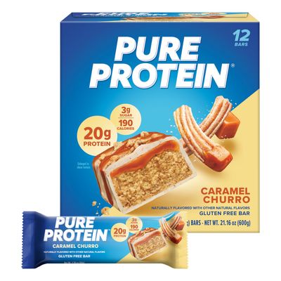 Pure Protein Caramel Churro Protein Bars 20g Protein, 3g Sugar, 190 Calories (12 count) Low Sugar* High Protein Snack - Gluten Free - Perfect for a Healthy Snack
