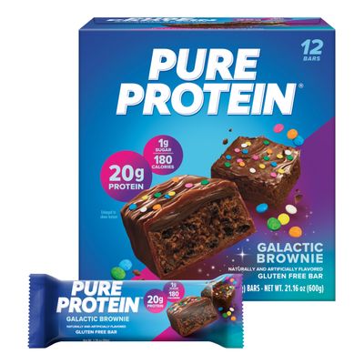 Pure Protein Galactic Brownie Protein Bars  20g Protein, 3g Sugar, 190 Calories (12 count) Low Sugar* High Protein Snack - Gluten Free - Perfect for a Healthy Snack