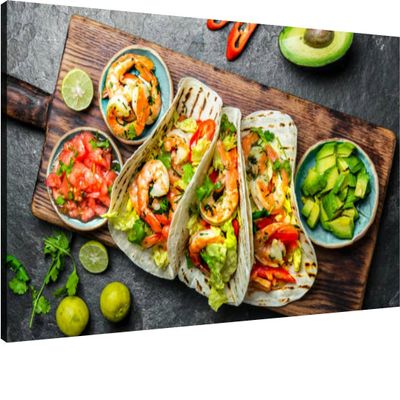 JDQBHOME Canvas Wall Art for Living Room Bedroom Shrimps tacos salsa vegetables and avocado Mexican food Big Large Wall Art Decor Framed Painting Wall Pictures Prints Artwork Office