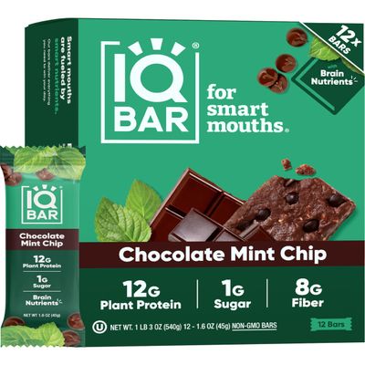 IQBAR Brain and Body Clean Plant Protein Bars - Chocolate Mint Chip - 12 Bars - Keto, Vegan, High Fiber, Gluten and Dairy Free, Low Sugar Snack with Nutrients for Focus, Energy, Meal Replacement
