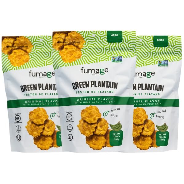 3-Pack of FUMAGE Green Plantain Chips: Seasoned with Himalayan Pink Salt. Certified, Vegan, Gluten-Free, Cholesterol-Free, Kosher, and Non-GMO Verified