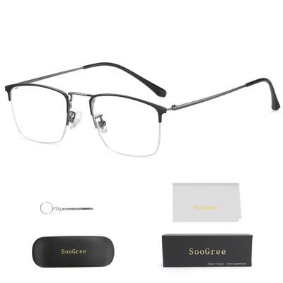 SooGree Progressive Multifocus Reading Glasses Half Frame Transition Presbyopic Eyewear Anti Eyestrain Computer Readers Metal Frame Spring Hinge No Line Eyeglasses