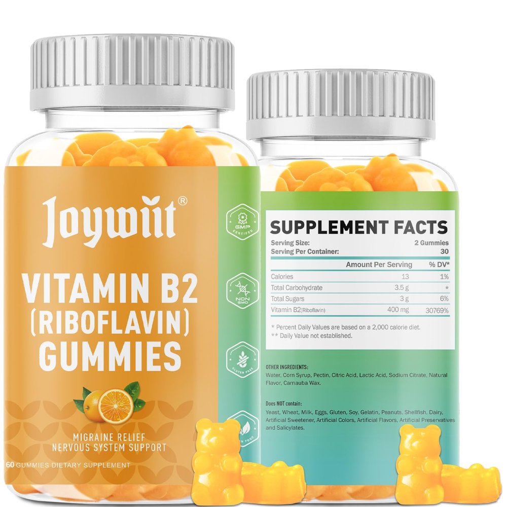 Joywiit Vitamin B2 Gummies | Riboflavin 400mg | B2 Vitamin 400mg Chewable for Adults and Kids, Migraine Relief & Energy and Nervous System Support, Non GMO, Vegan - 120 Counts