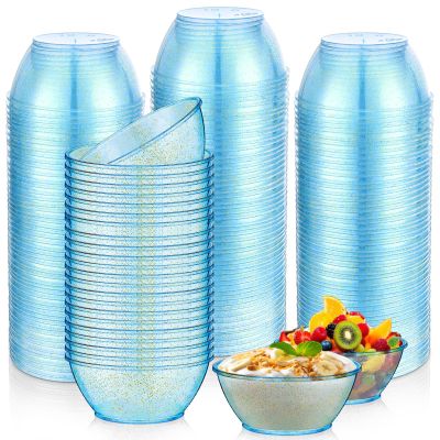 Yungyan 200 Pack Disposable Clear Plastic Bowls for Party Supplies 6oz Hard Plastic Salsa Dessert Ice Cream Candy Fruit Small Glitter Bowl for Wedding Baby Shower Birthday(Blue)