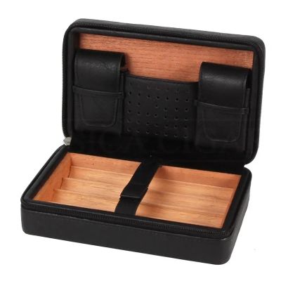 WAOCEO Cigar Humidor Portable Humidor Cigar Travel Case Leather Cedar Wood 4 Tube Holder Cigar Humidor Box Cigar Accessories Portable Cigar Box (Color : Black)