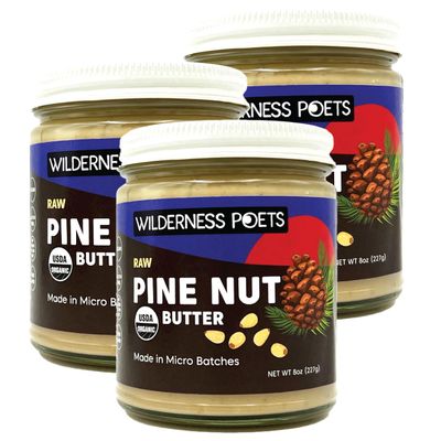 Wilderness Poets, Pine Nut Butter - Organic, Raw, 100% Pine Nuts (8 Ounce - 3 Pack) - No Salt, No Sugar, Creamy - Glass Jars