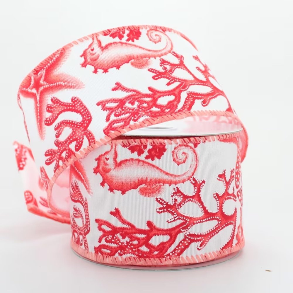 10 Yards Coral Seahorse Starfish Wired Ribbon, Tropical Ribbon, Beach Wired Ribbon, Spring Ribbon, Ribbon for Wreaths, Craft Ribbon, 2.5 Width