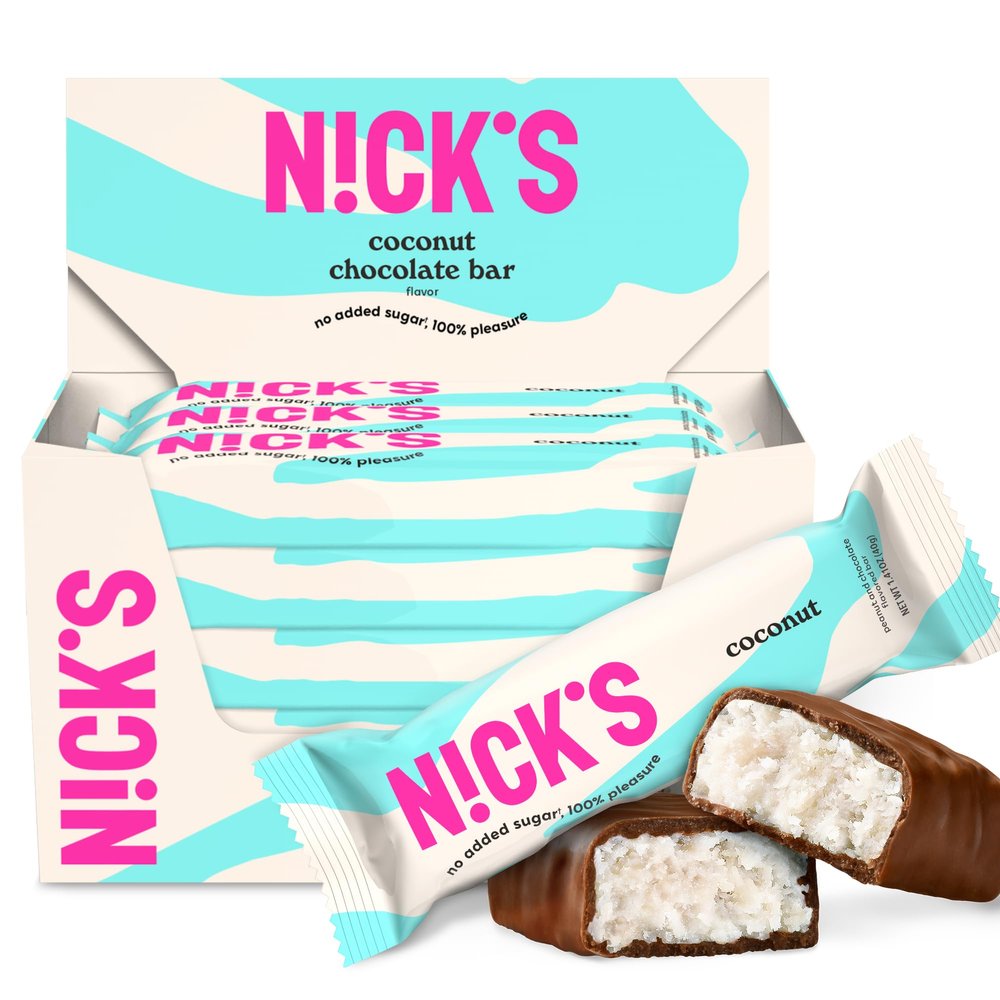 NICKS Coconut Keto Chocolate Candy Bars No Added Sugar, Gluten Free Sweets Low carb Candy Snack Bar 15-Pack (40g Each)