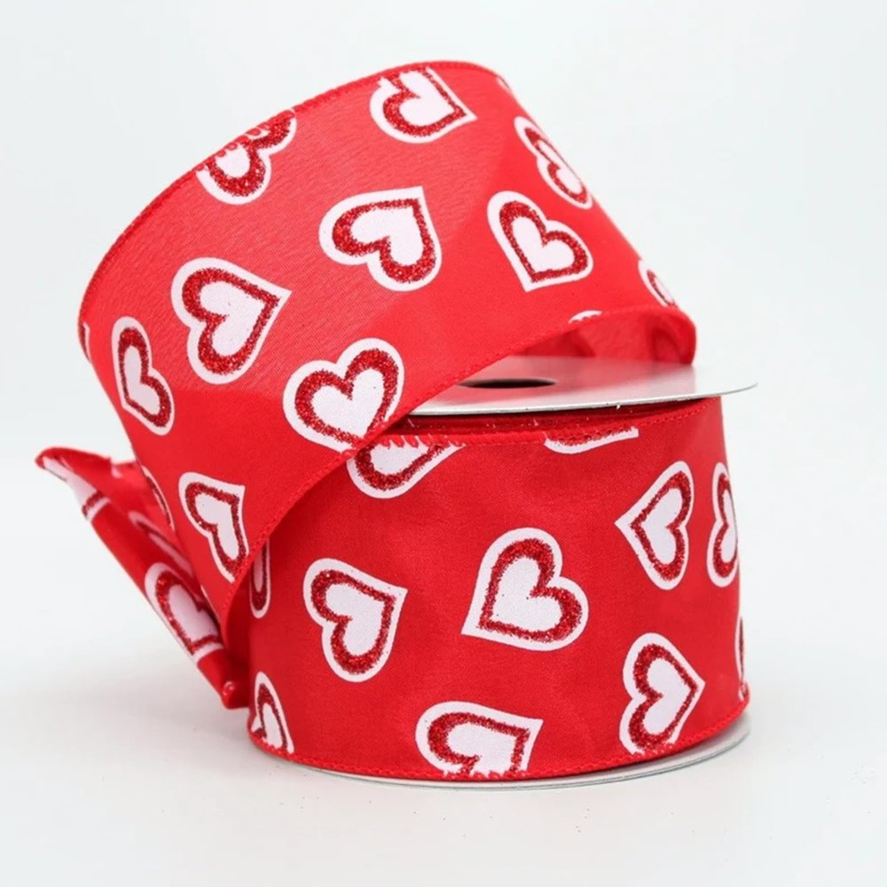 10 Yards Red Satin Edge Heart Valentine's Day Wire Edge Ribbon, Valentine's Day Ribbon, Ribbon for Wreaths, Craft Ribbon, 2.5 Width